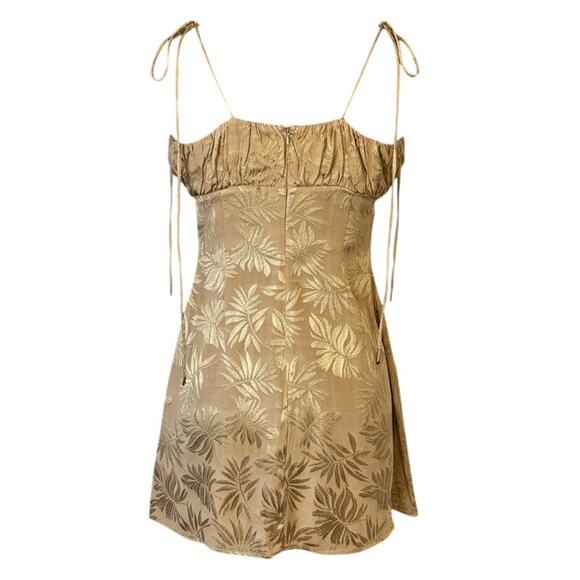 Finders Keepers Gold Metallic Jacquard Dress Leaf Print Tie Strap Party Small - Picture 3 of 6